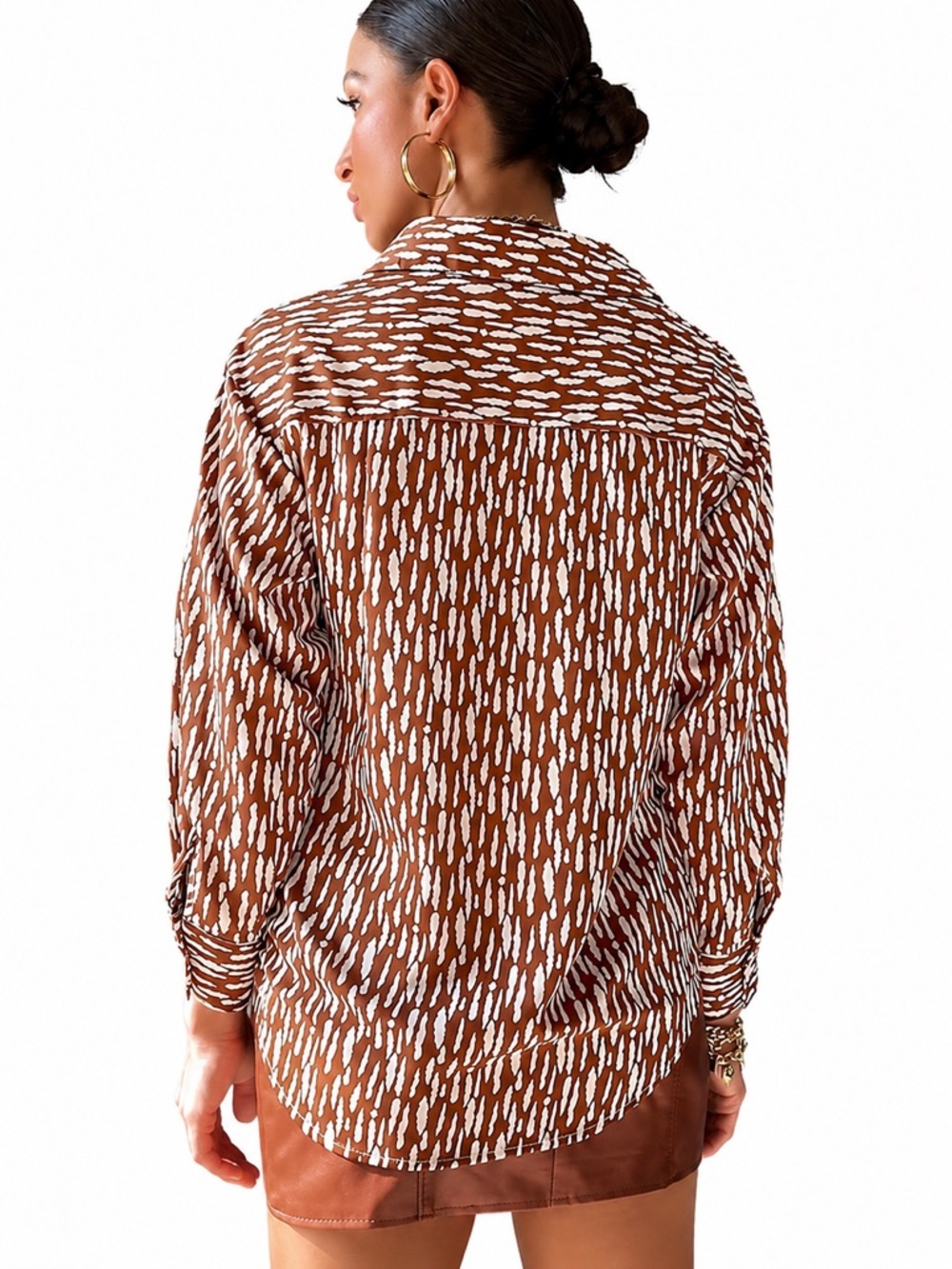 Brown White Button Up Blouse Long Sleeve Size Medium New without Tags - Picture 2 of 6